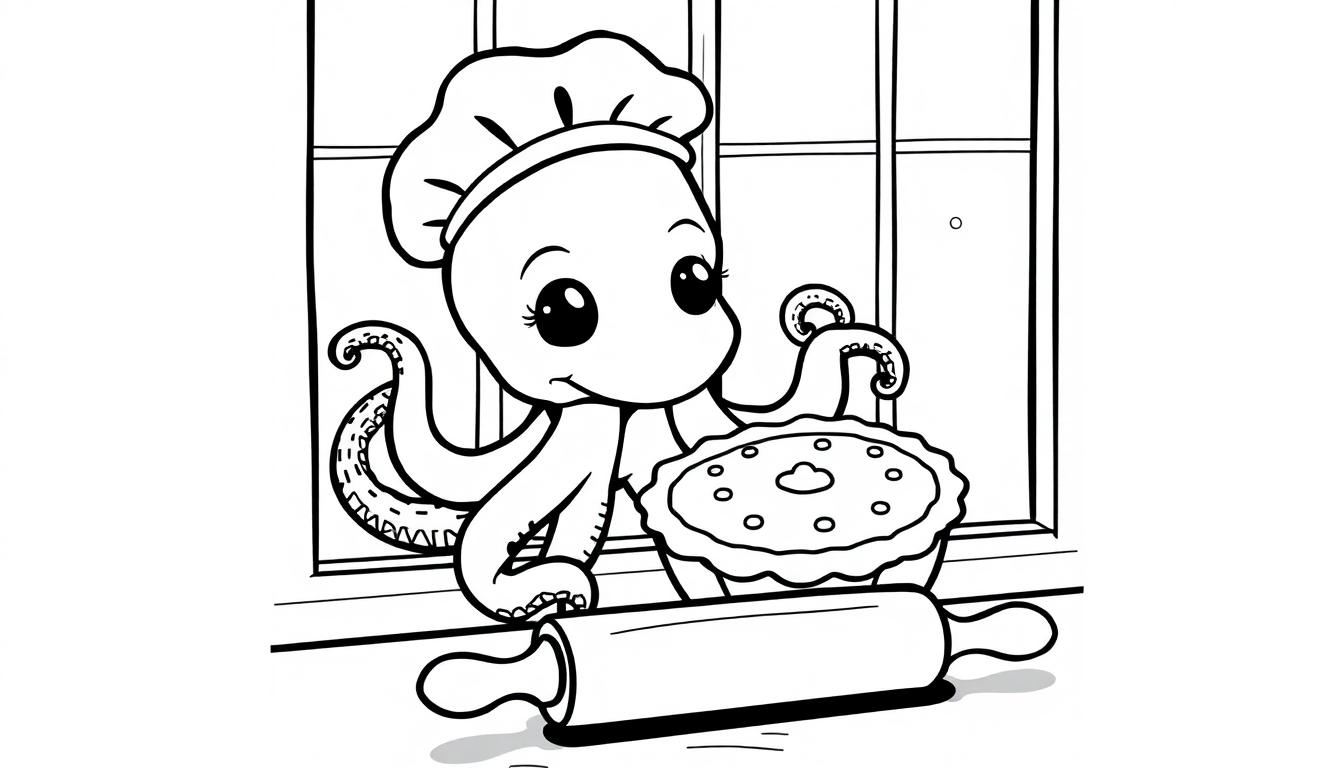 Kleurplaat van een kokende octopus met een taart en deegroller.