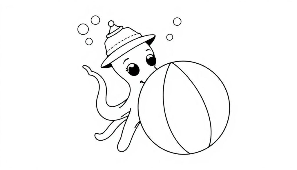 Kleurplaat van een octopus met een hoed en een strandbal.