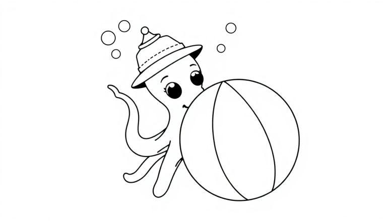 Kleurplaat van een octopus met een hoed en een strandbal.