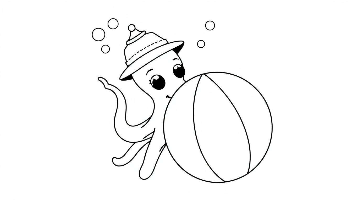 Kleurplaat van een octopus met een hoed en een strandbal.