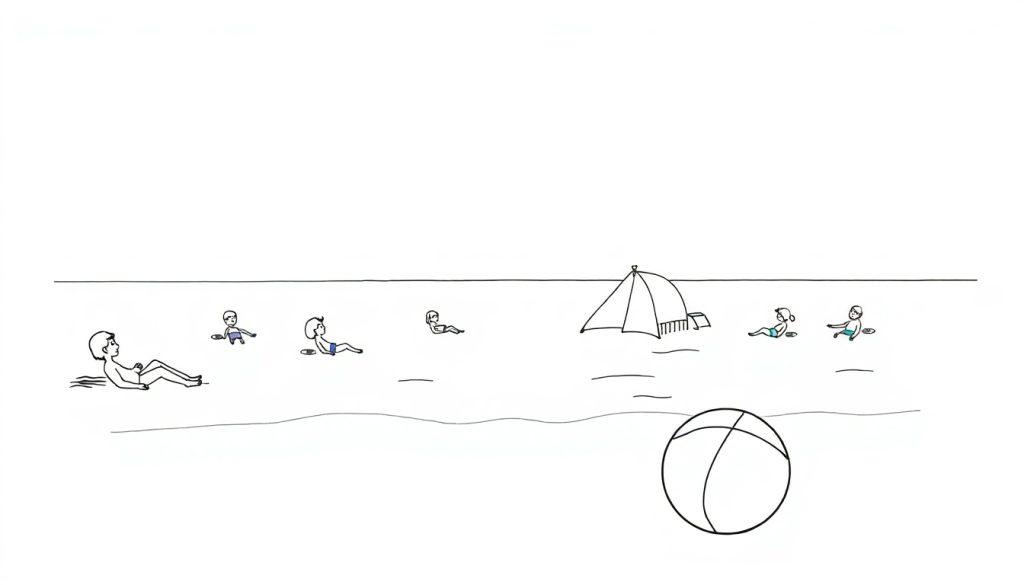 Zomerse strand kleurplaat met zon, zee, mensen en strandspullen.