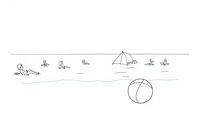 Zomerse strand kleurplaat met zon, zee, mensen en strandspullen.