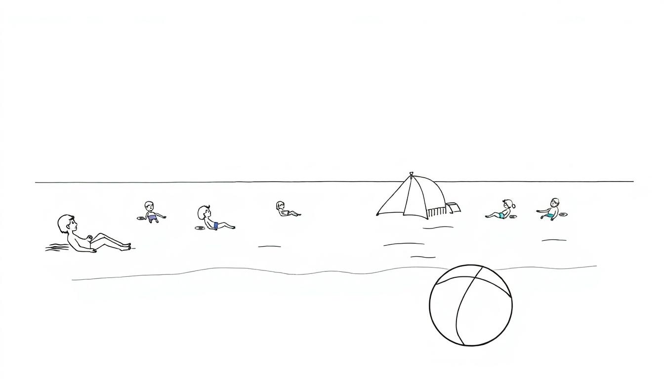 Zomerse strand kleurplaat met zon, zee, mensen en strandspullen.