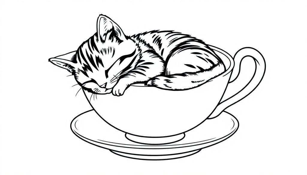 Kleurplaat van een schattige kat in een theekopje.