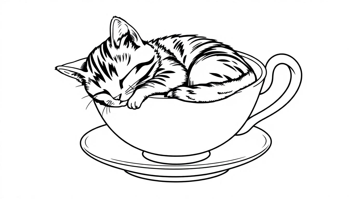 Kleurplaat van een schattige kat in een theekopje.