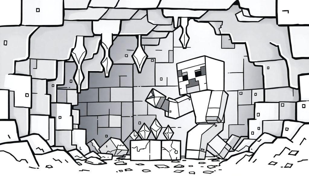 Minecraft kleurplaat van een figuur die diamanten vindt in een grot.