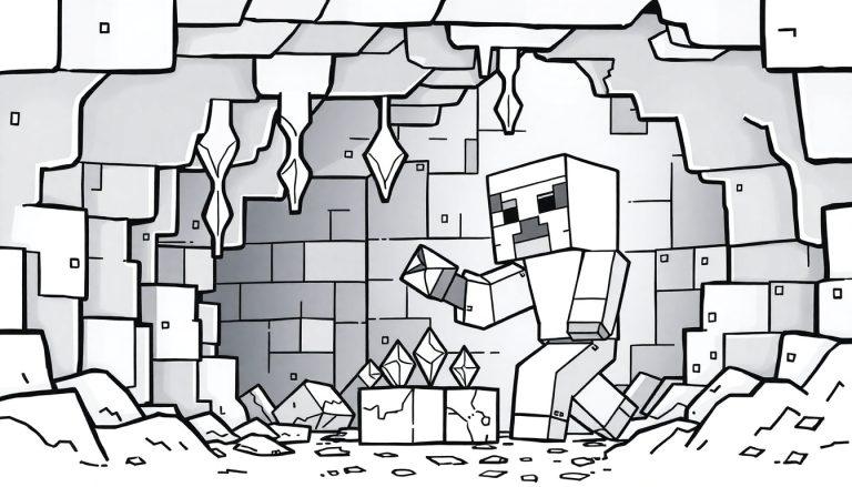 Minecraft kleurplaat van een figuur die diamanten vindt in een grot.
