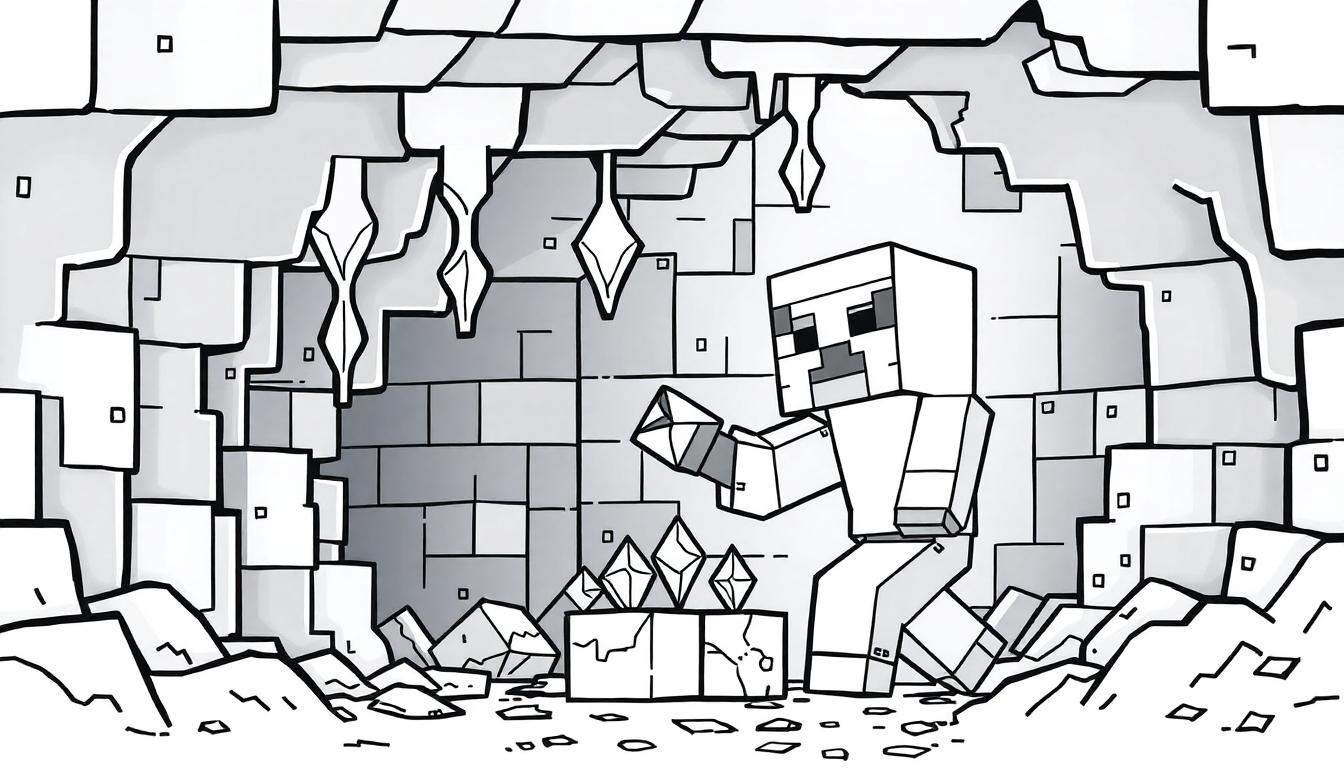 Minecraft kleurplaat van een figuur die diamanten vindt in een grot.