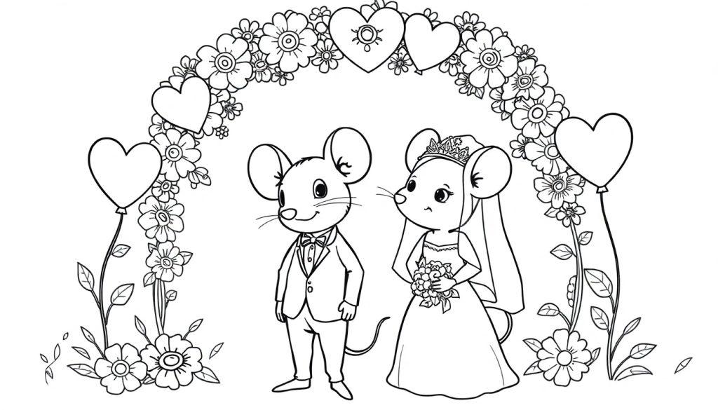 Kleurplaat van een trouwend muizenpaartje onder een bloemenboog.