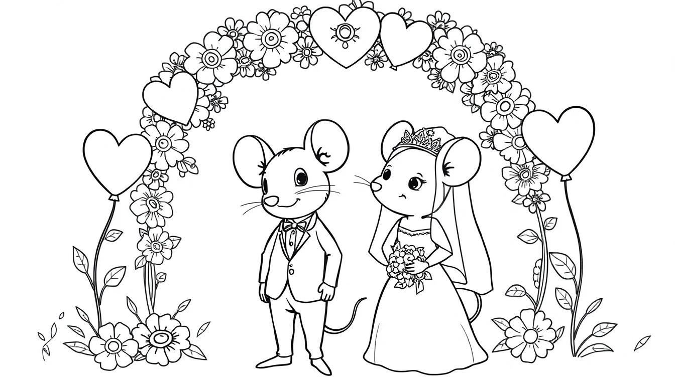 Kleurplaat van een trouwend muizenpaartje onder een bloemenboog.