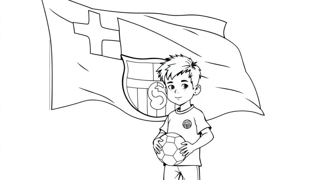 Kleurplaat van een vrolijke jongen met een voetbal en FC Barcelona vlag.
