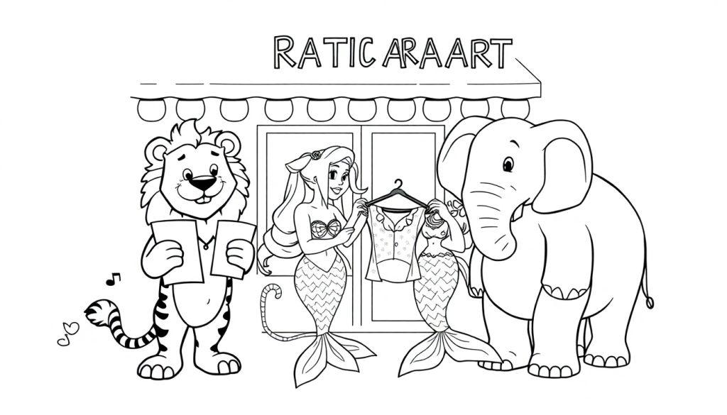 Kleurplaat van fantasiewinkel RATICARAART met dieren en zeemeerminnen.