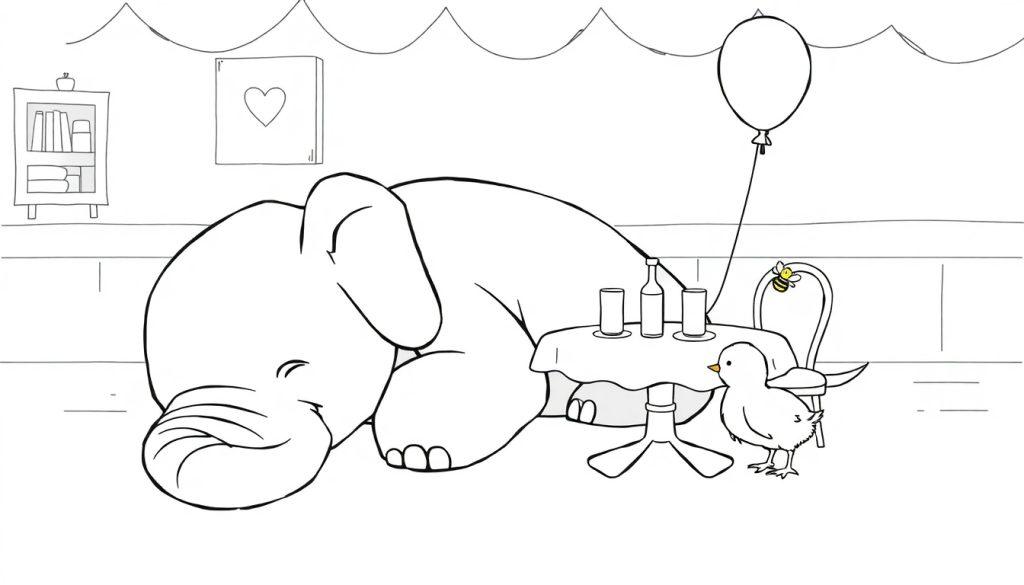 Kleurplaat van een slapende olifant met een kuikentje en bij.