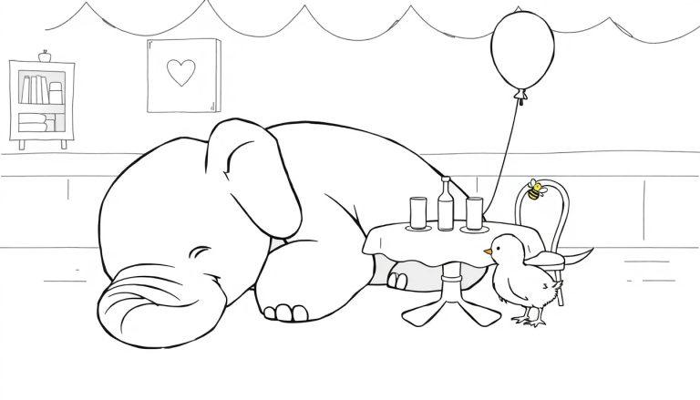 Kleurplaat van een slapende olifant met een kuikentje en bij.