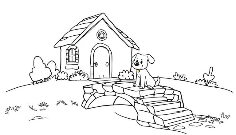 Kleurplaat van een hond bij een klein huisje met een bruggetje.