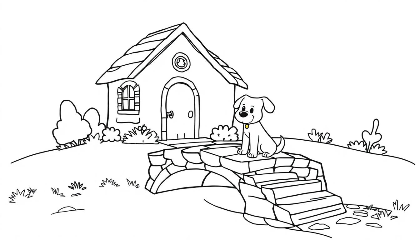 Kleurplaat van een hond bij een klein huisje met een bruggetje.