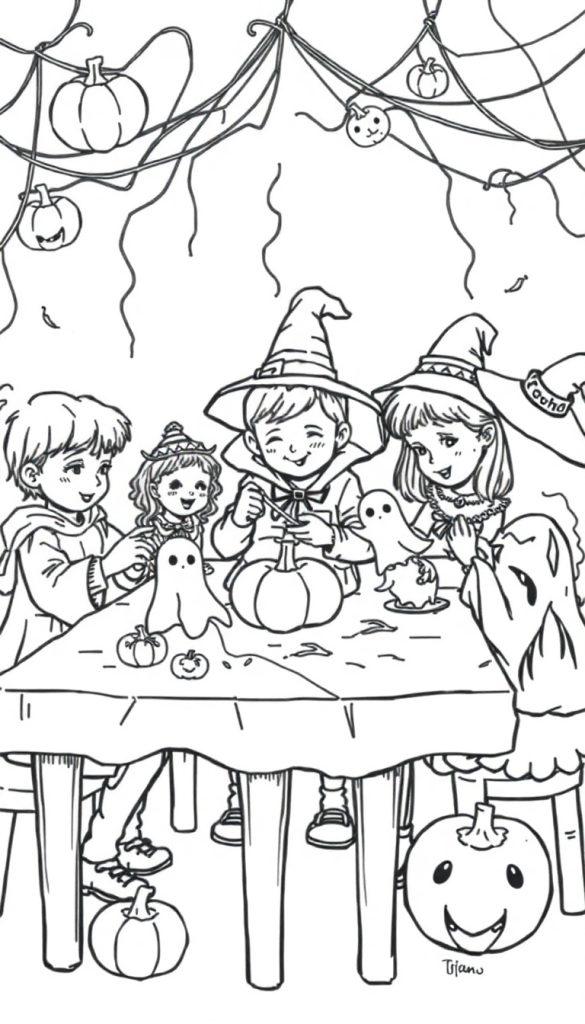 Kleurplaat van kinderen die Halloween knutselen met pompoenen en spoken.