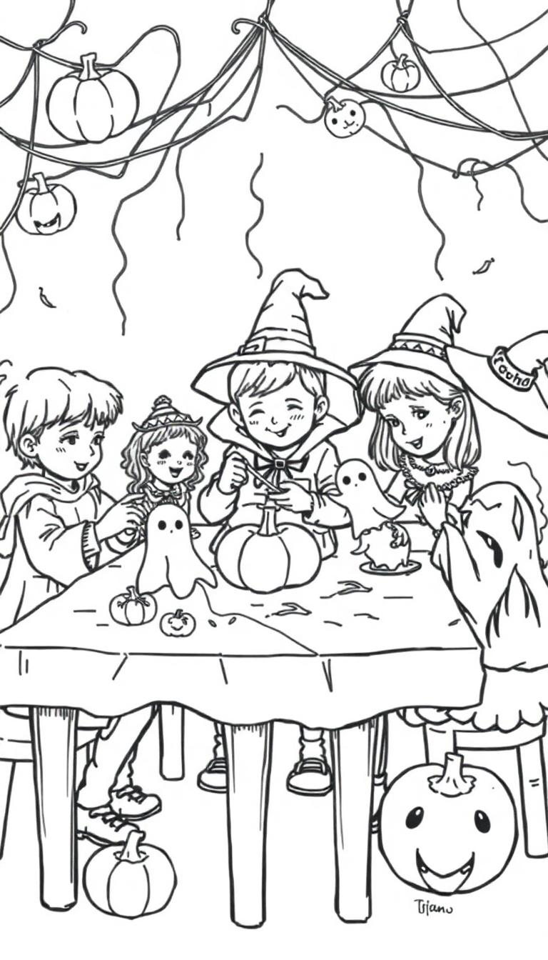 Kleurplaat van kinderen die Halloween knutselen met pompoenen en spoken.