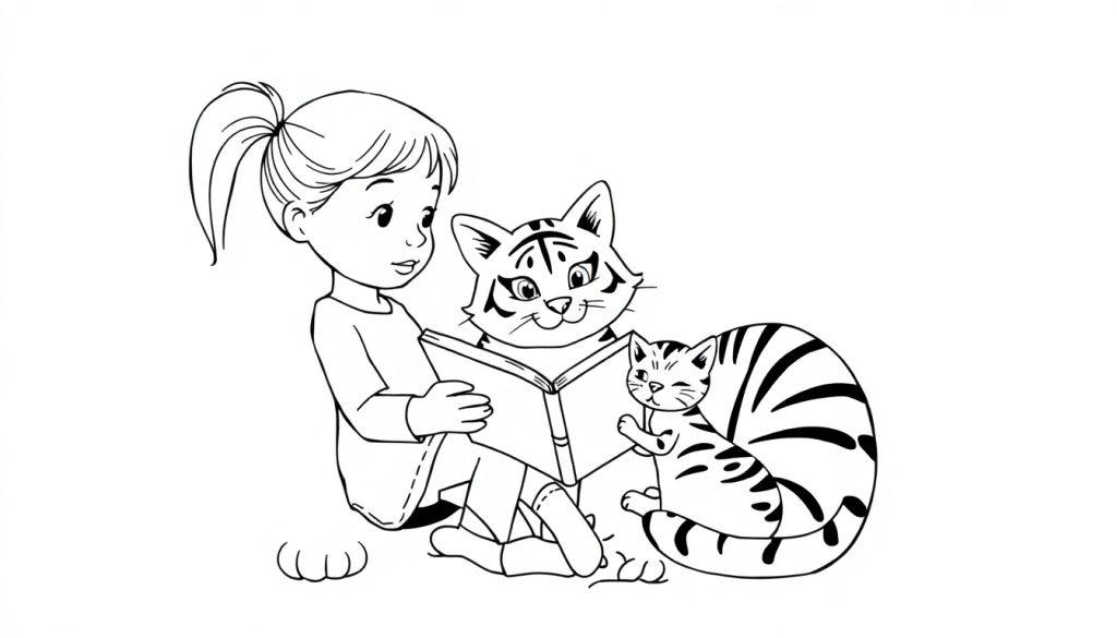 Kleurplaat van een meisje met een staartje die leest met twee katten.