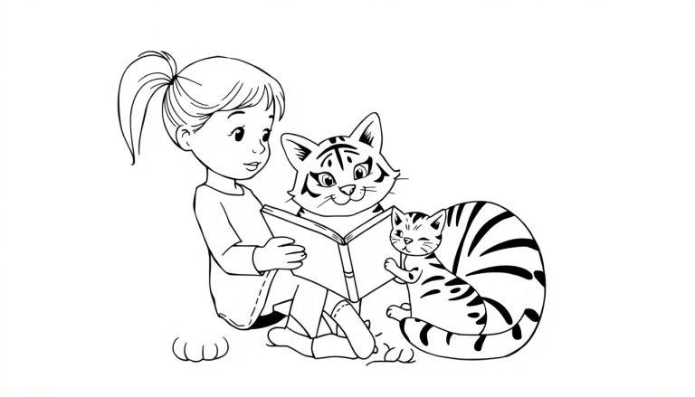 Kleurplaat van een meisje met een staartje die leest met twee katten.