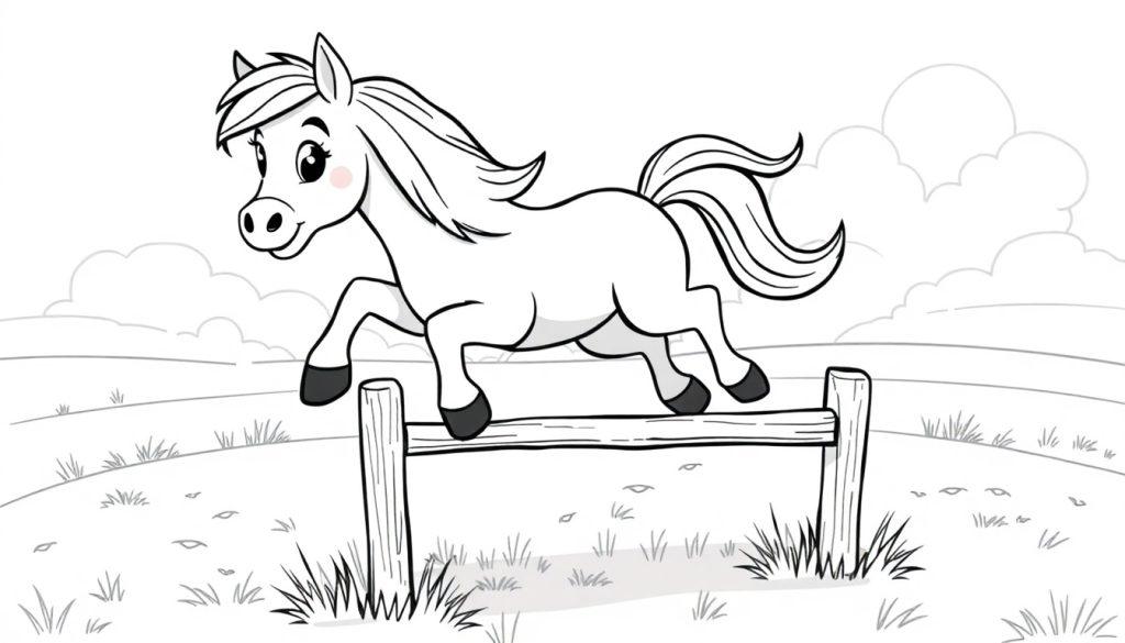 Vrolijk paard springt over hek, perfecte kleurplaat!
