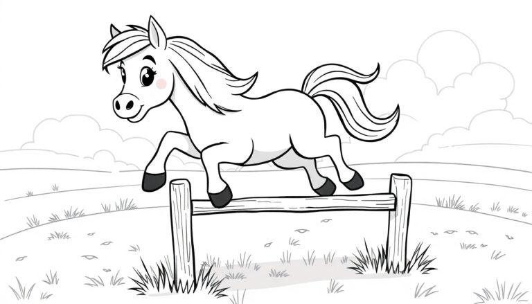 Vrolijk paard springt over hek, perfecte kleurplaat!