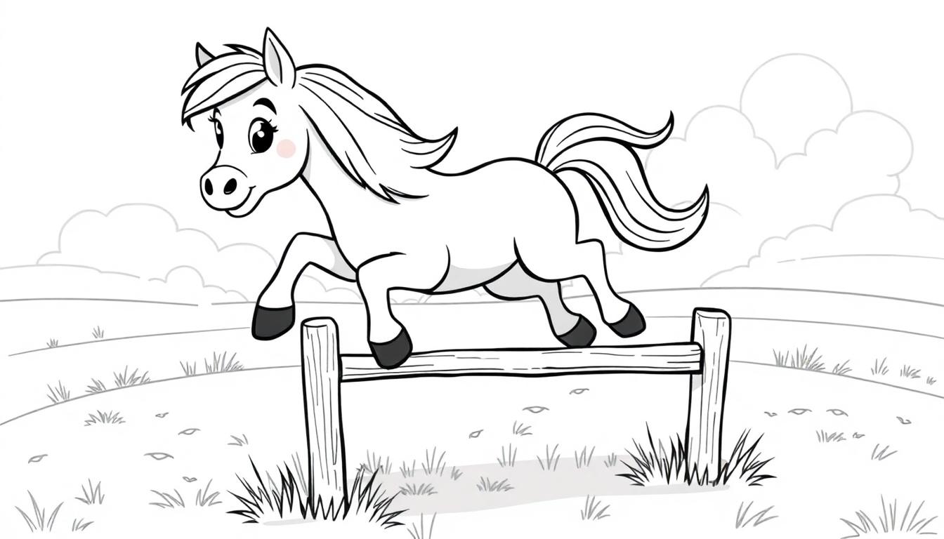 Vrolijk paard springt over hek, perfecte kleurplaat!