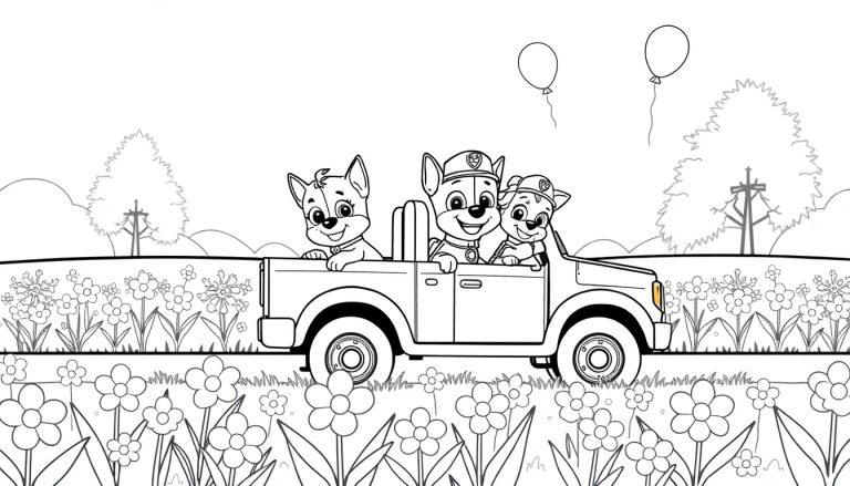 Paw Patrol kleurplaat jeep met puppy's