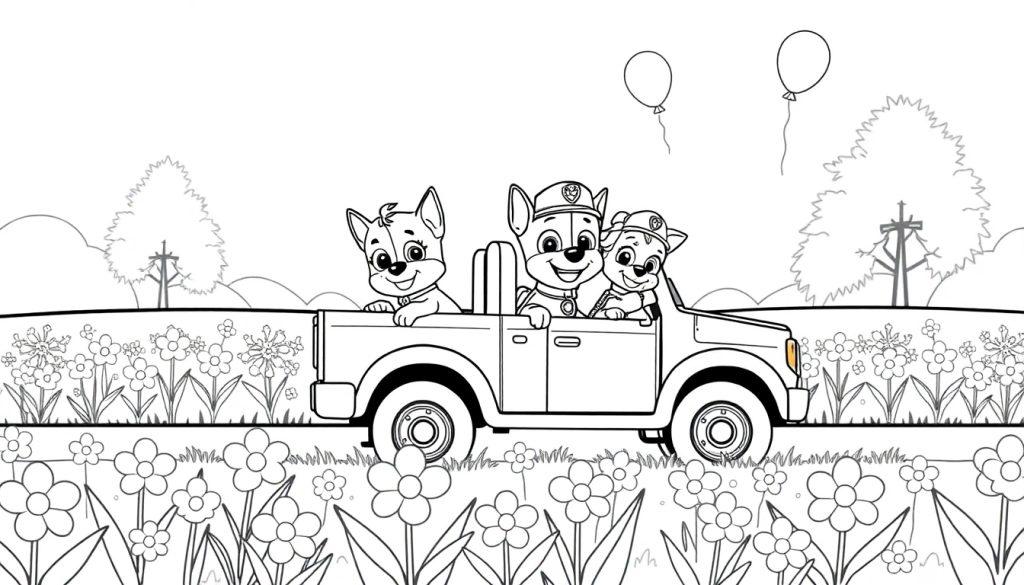 Paw Patrol kleurplaat vrachtwagen met ballonnen en honden