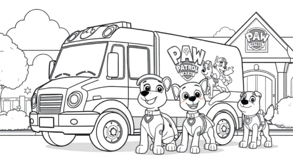 Paw Patrol vrachtwagen kleurplaat met puppy's en hoofdkwartier.