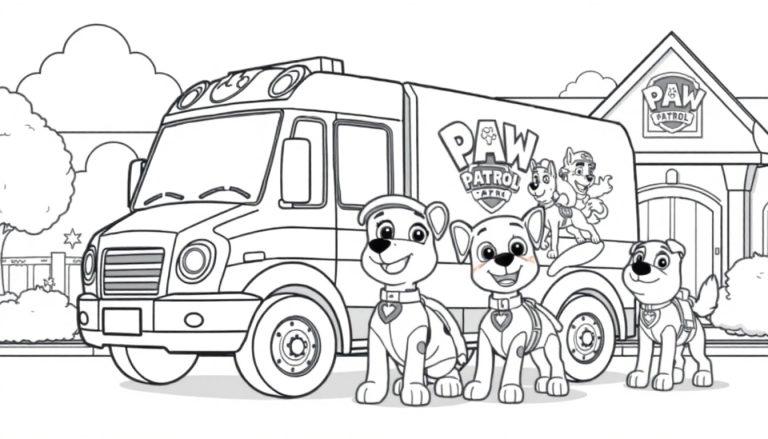 Paw Patrol vrachtwagen kleurplaat met puppy's en hoofdkwartier.