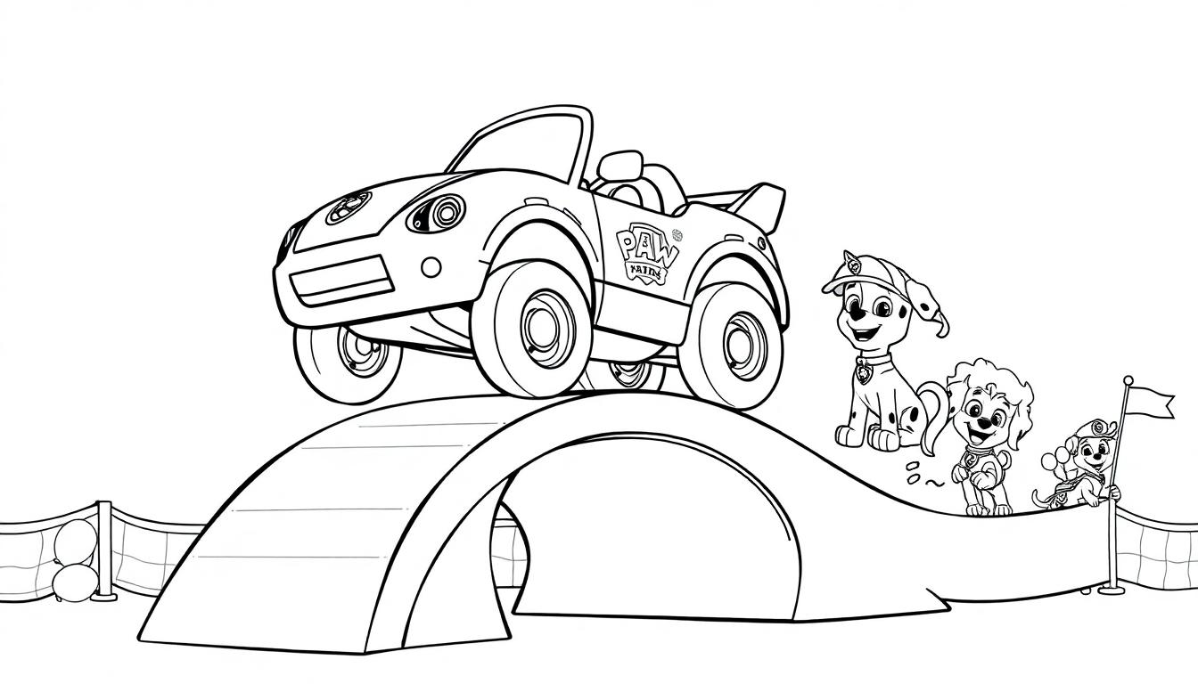 Paw Patrol racen kleurplaat met auto en pups bij de finish