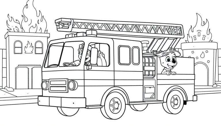 Paw Patrol kleurplaat brandweerauto met honden en brandende gebouwen.