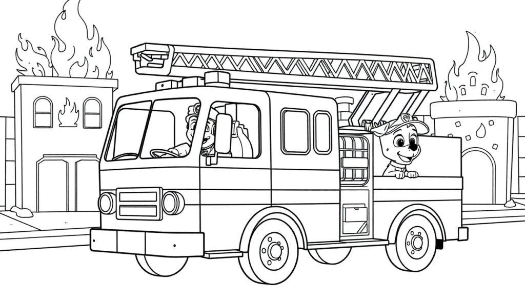 Paw Patrol brandweerauto kleurplaat met honden die een brand blussen.