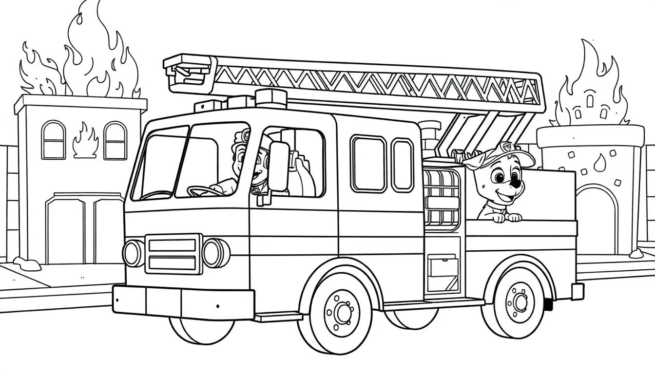 Paw Patrol brandweerauto kleurplaat met honden die een brand blussen.