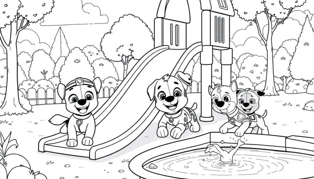 Paw Patrol kleurplaat in het park