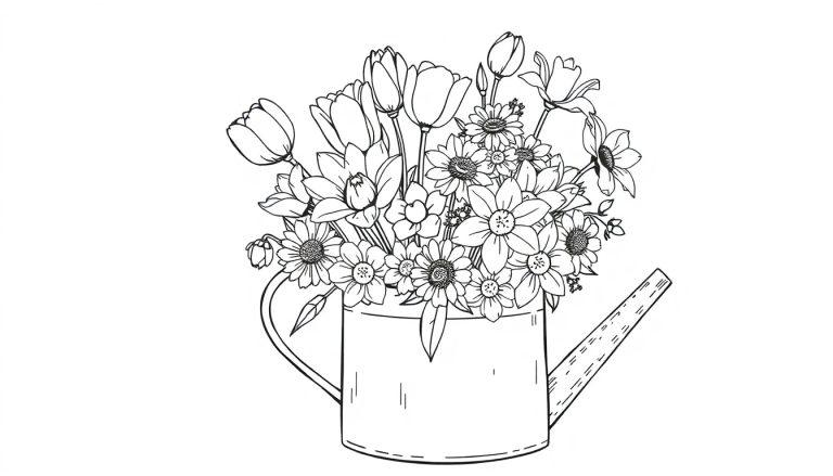 Bloemen in een gieter kleurplaat