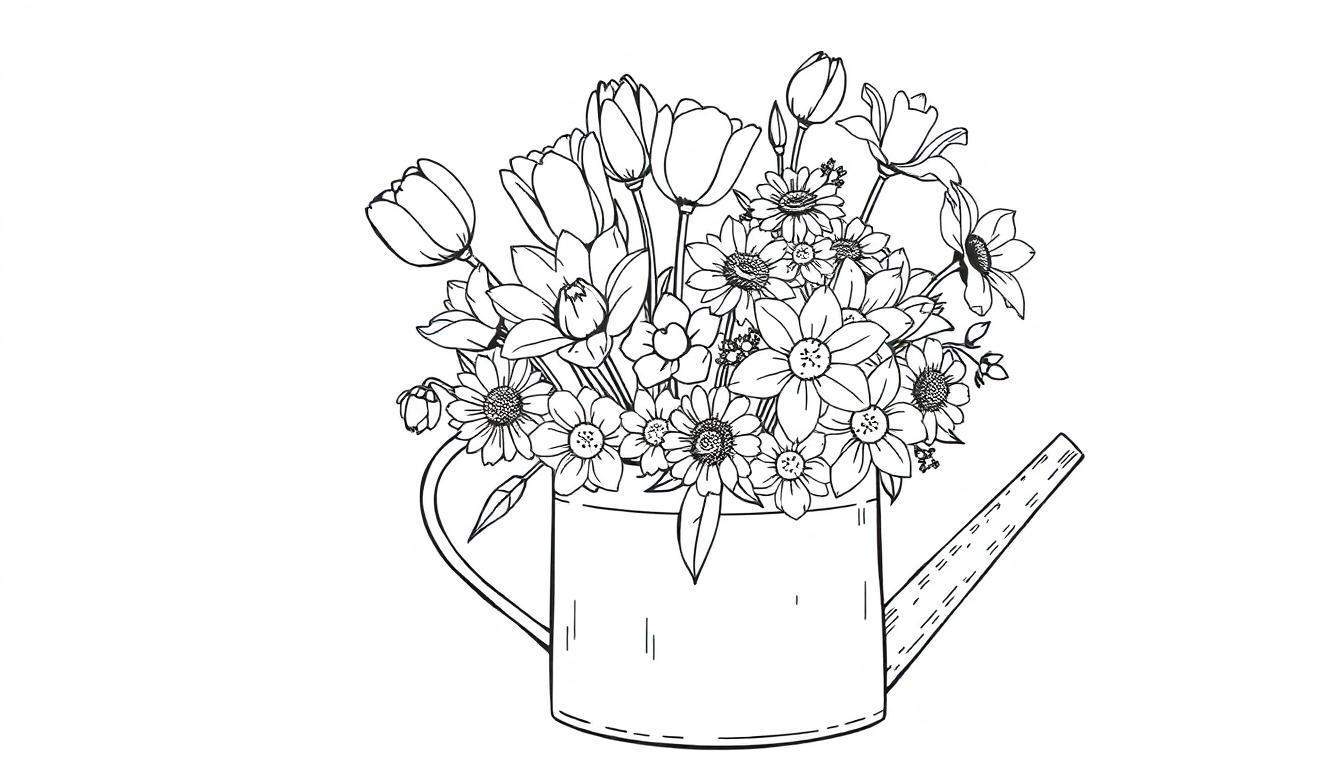 Kleurplaat van een gieter vol bloemen.