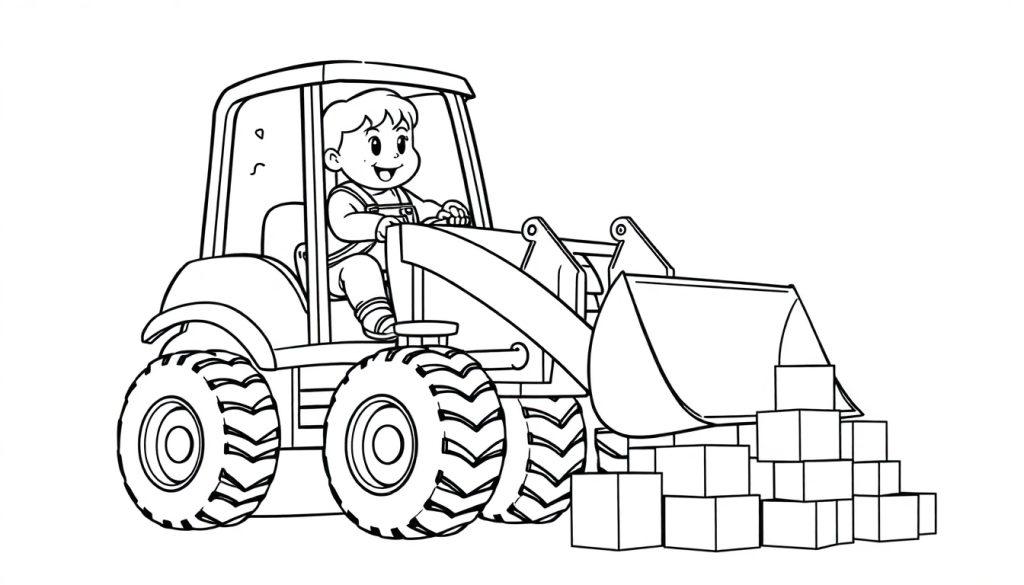 Kleurplaat van een kind met een tractor en blokken.