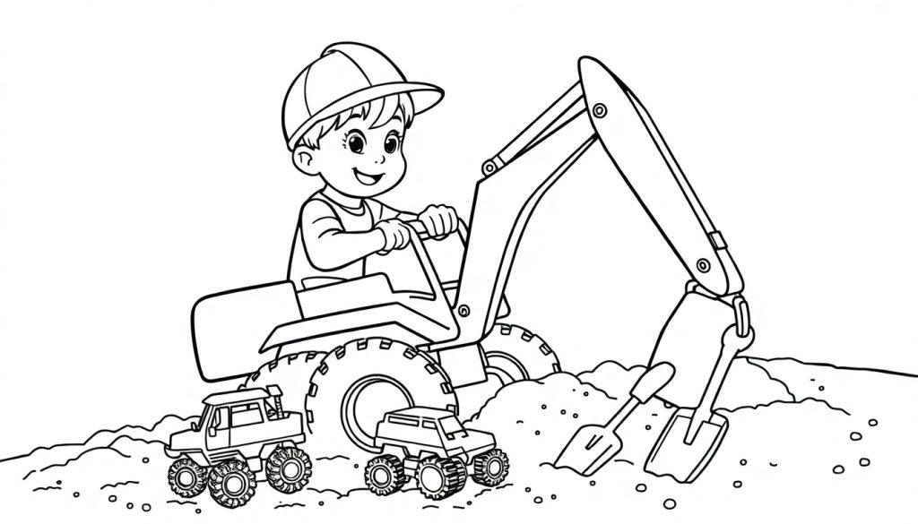 Kleurplaat van een kind in een graafmachine met monstertrucks.