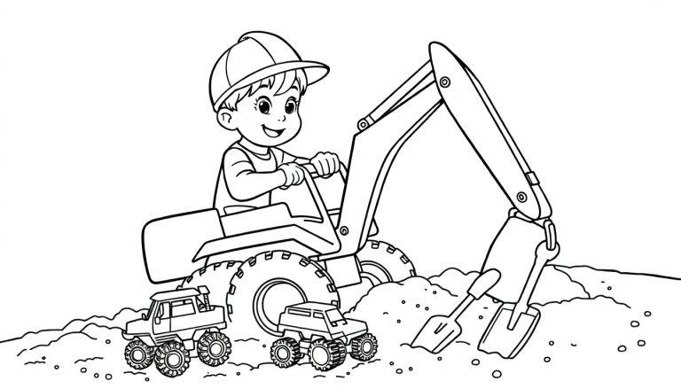 Kleurplaat van een kind in een graafmachine met monstertrucks.