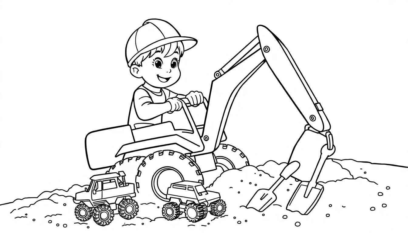 Kleurplaat van een kind in een graafmachine met monstertrucks.