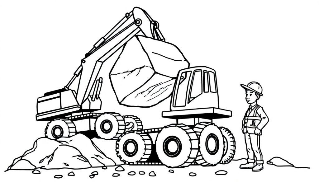 Kleurplaat van een graafmachine met bouwvakker