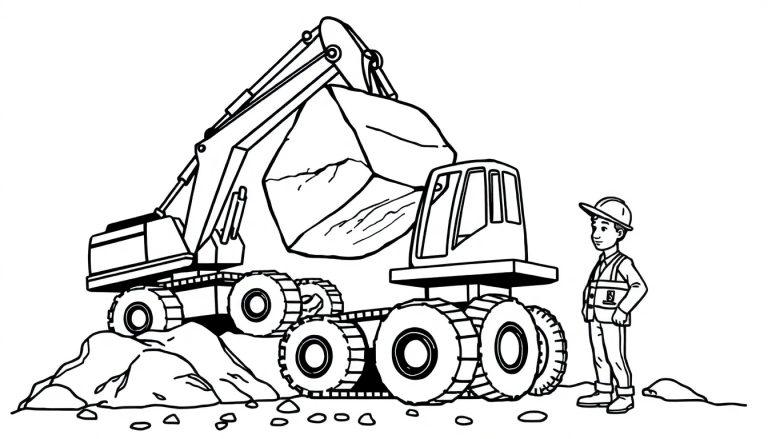 Kleurplaat van een graafmachine met bouwvakker