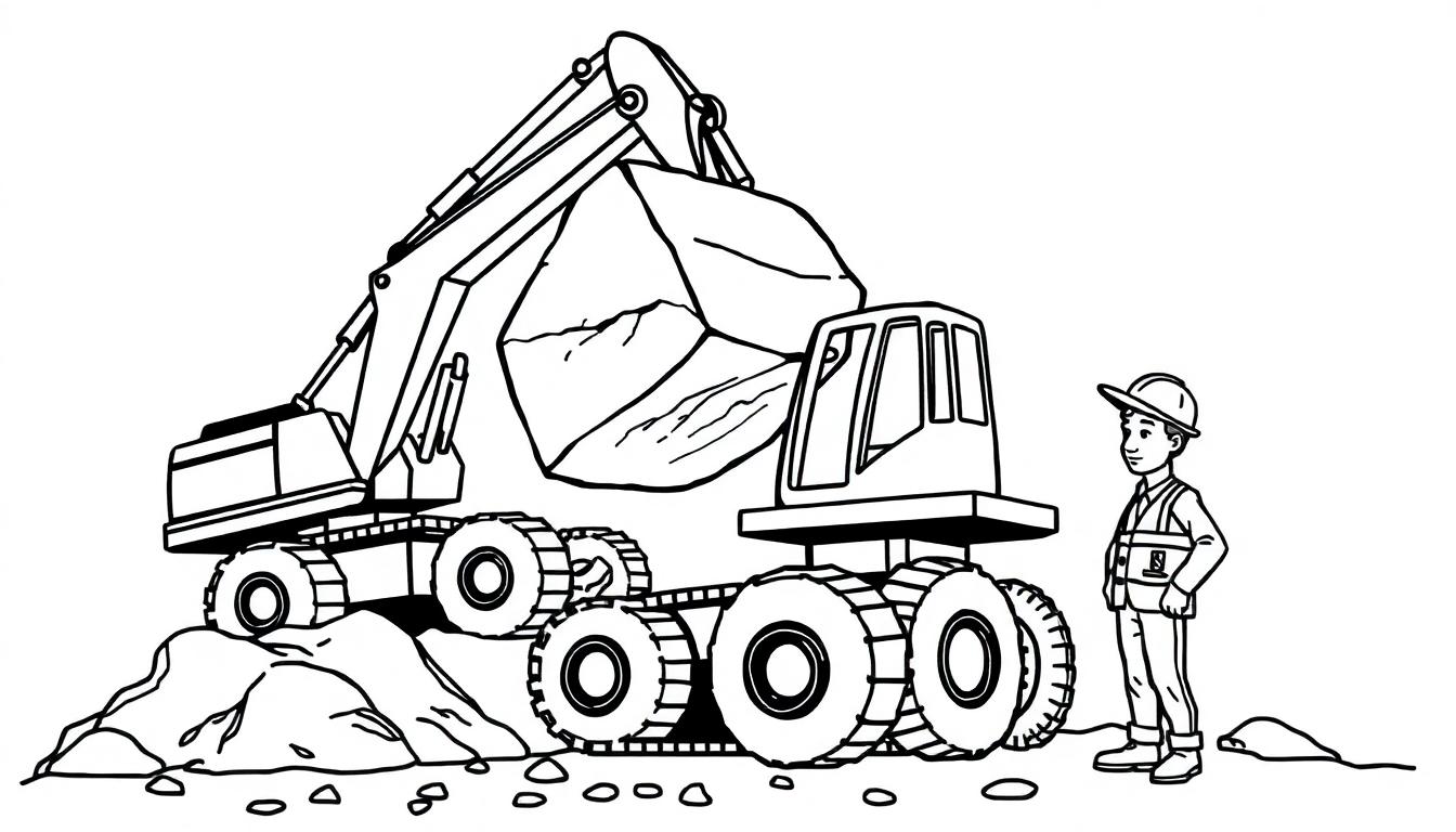 Kleurplaat van een graafmachine met bouwvakker
