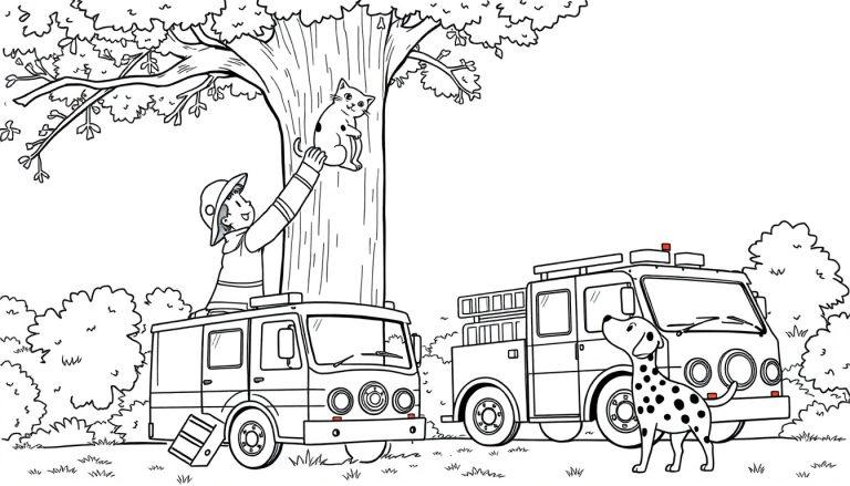 Brandweer kleurplaat met kat in boom