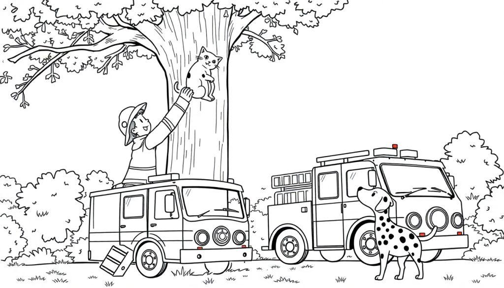 Kleurplaat van een brandweerman die een kat redt uit een boom.