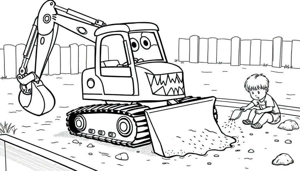 Kleurplaat van een graafmachine met monstergezicht en een kindje op een speelplaats.