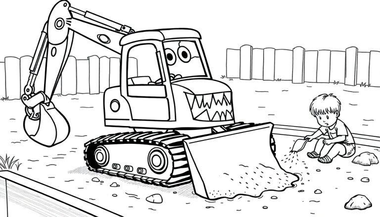 Kleurplaat van een graafmachine met monstergezicht en een kindje op een speelplaats.