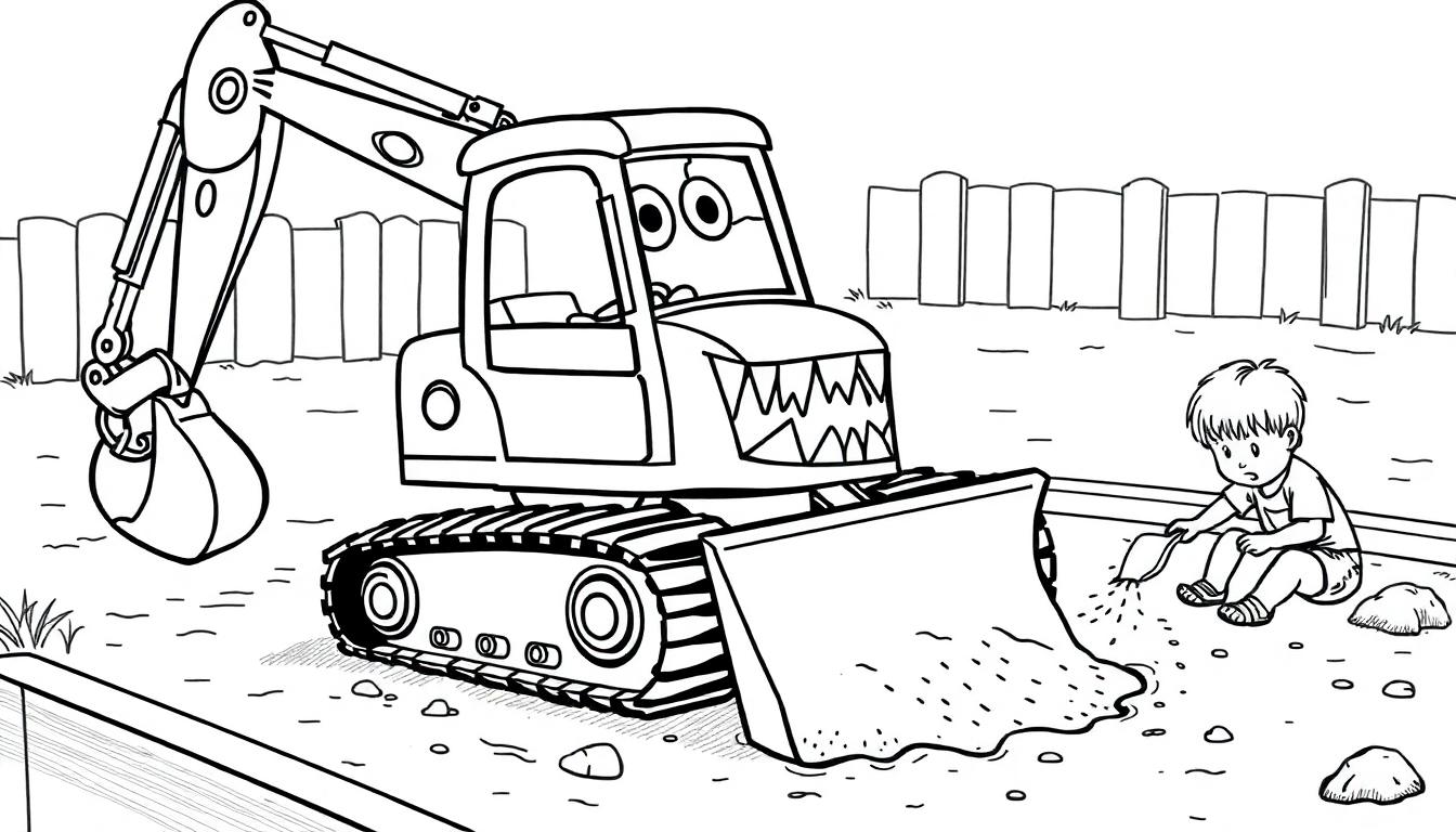 Kleurplaat van een graafmachine met monstergezicht en een kindje op een speelplaats.